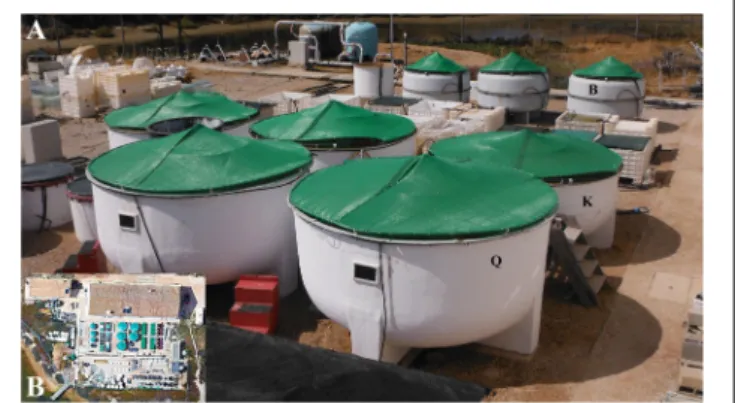 FIGURE 1 | (A) - Experimental tanks of 3000 L (3.24 m 2 area; B), 9000 L (7.07 m 2 area; K), and 9000 L (6.67 m 2 area; Q); (B) Aerial view of the Ramalhete Station, where the experimental tanks can be seen.