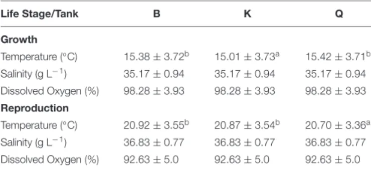 TABLE 1 | Mean water temperature, salinity and dissolved oxygen registered during the growth and reproduction stages of cuttlefish life cycle.