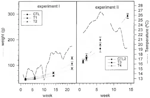 Figure 2.1 - Changes in weight and temperature in control and estrogen-treated fish in the two  experiments