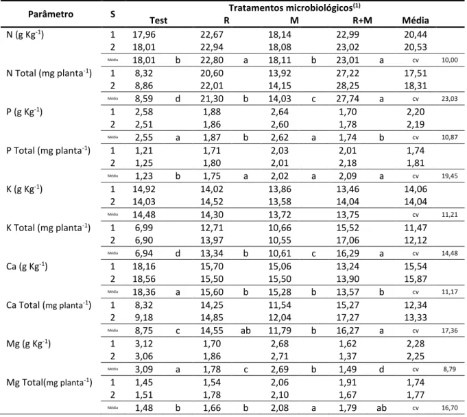 Tabela 2: Médias e testes de médias dos parâmetros nutricionais (teores e acúmulos de macronutrientes na parte  aérea), observadas em mudas de acácia (Acacia mangium Willd.), submetidas a inoculações com Rizóbio (R) e 