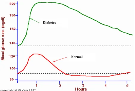 Figura I.3. Curva de tolerância à glicose em indivíduos saudáveis e em indivíduos diabéticos,  sendo que a sobrecarga de glicose foi administrada ao tempo zero
