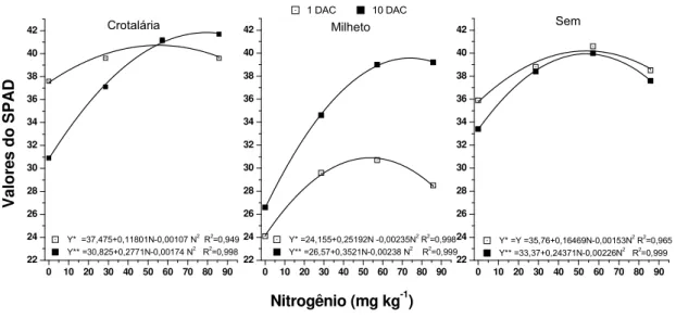Figura 4  −  Valores do SPAD, aos 1 e 10 dias após a fertilização de cobertura (DAC) em  relação às doses crescentes de nitrogênio mineral e aplicação de crotalária e  milheto como fontes de nitrogênio 