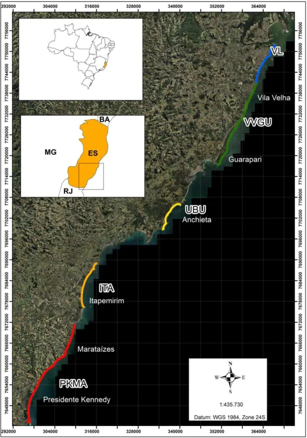 Figura 3: Composição de fotografias aéreas da área de estudos indicando os cinco arcos praiais