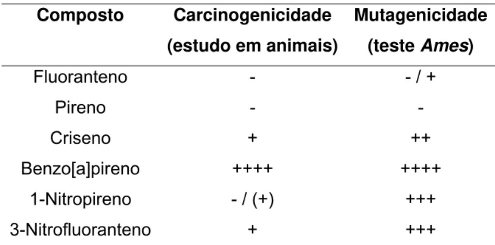 Tabela 03. Carcinogenicidade e mutagenicidade de alguns HPA e nitro HPA. * 