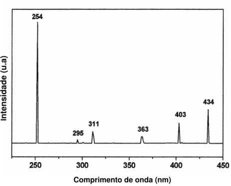 Figura 06. Espectro de emissão da lâmpada de mercúrio utilizada nos  experimentos de fotodegradação na presença de TiO 2 