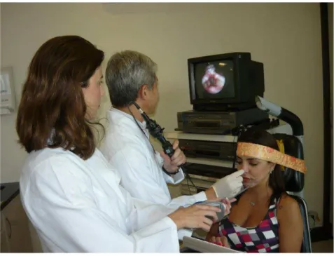 Figura 1 - Imagem de uma cantora realizando nasofibroestroboscopia