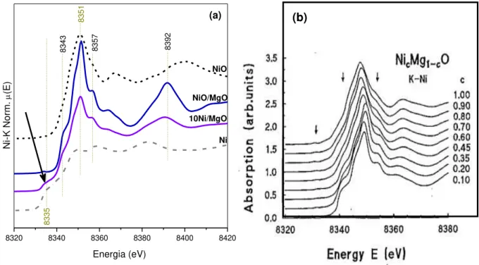Figura 6 - Espectros XANES na borda K do níquel. (a) Espectros para o precursor catalítico  NiO/MgO, catalisador 10Ni/MgO, NiO e níquel metálico
