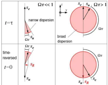 FIG. 3. (Color online) Schematic diagram of the expectation value of the spin vectors at the average instant of recombination, t = τ (top panels), and time reversed to t = 0 (bottom panels)