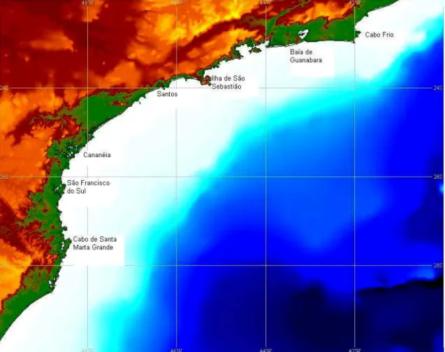 Figura 4: Mapa da área de estudo compreendendo a Margem Continental  Superior Sudeste do Brasil (Adaptado de British Oceanographic Data Centre,  2003) 