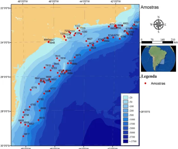 Figura  6:  Pontos  de  coleta  das  amostras  de  sedimento  marinho  na  Margem  Continental Superior Sudeste do Brasil  