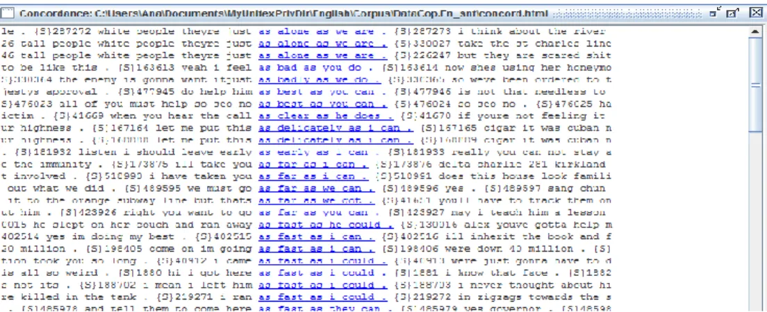 Figure 1:‎A‎snapshot‎of‎a‎concordance‎of‎the‎search‎pattern‎`as…as´‎comparative‎construction 