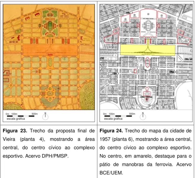 Figura 23. Trecho da proposta final de  Vieira (planta 4), mostrando a área  central, do centro cívico ao complexo  esportivo