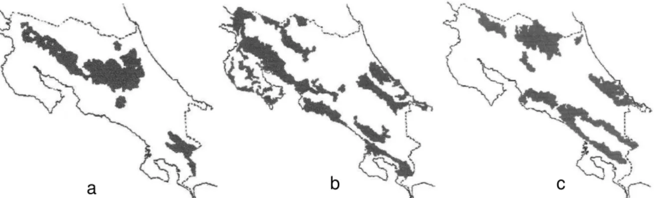Figura 1 - Distribuição geográfica de Andisols (a), Inceptisols (b) e Ultisols e Alfisols (c) de Costa Rica  (a partir de MATA (1991apud BERTSCH et al., 2000) 