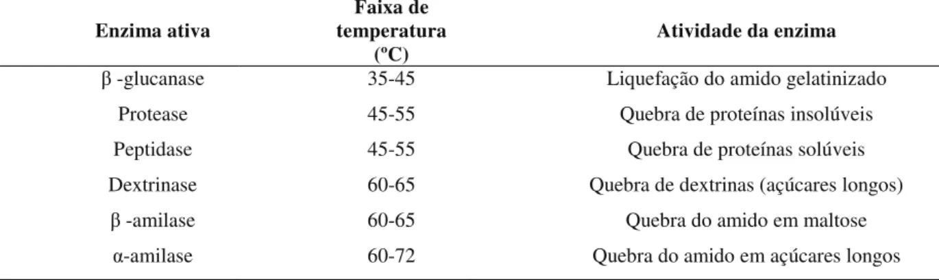 Tabela 5 – Faixas de temperaturas (ºC) para ativação enzimática em mosto de malte de cevada 