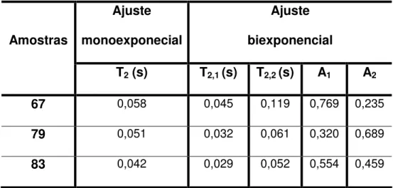 Tabela  4.1:  Os  valores  de  T 2   e  áreas  para  os  ajustes  monoexponencial  e  biexponencial  para  as  amostras 67, 79 e 83  Amostras Ajuste  monoexponecial Ajuste   biexponencial T 2  (s) T 2,1  (s)  T 2,2  (s)  A 1 A 2 67  0,058  0,045  0,119  0,