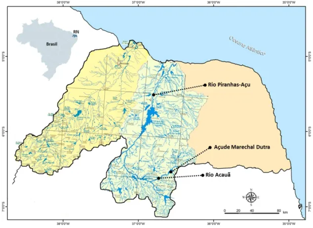 Figura 1: Área de estudo: Bacia hidrográfica do rio Piranhas–Assu,  localizada entre 04° e 08° de Latitude S e entre  36° e 39° de Longitude W,  Rio Grande do Norte, Brasil (Fonte: IDEC, 1978)