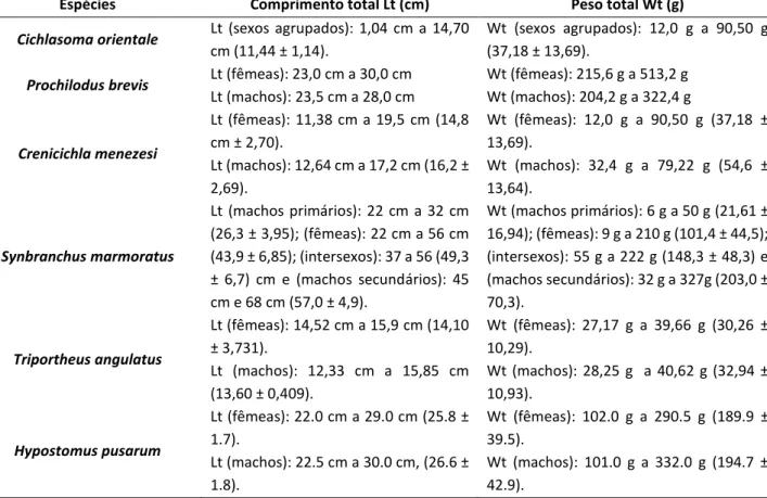 Tabela 1: Amplitude de Comprimento total Lt (cm) e Peso tota Wt (g) de Cichlasoma orientale, Prochilodus brevis,  Crenicichla menezesi, Synbranchus marmoratus, Triportheus angulatus e Hypostomus pusarum  peixes de água 
