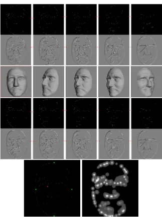 Figure 2: Top two rows, left to right: fine to coarse scales of the KPs and LEs maps stored in memory in the case of the frontal view shown in Fig