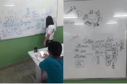 Figura 2 - À esquerda uma participante fazendo uso da lousa com um estudante ao canto utilizando o celular e à  direita o registo dos esboços do pensamento matemático para resolução de alguma questão 