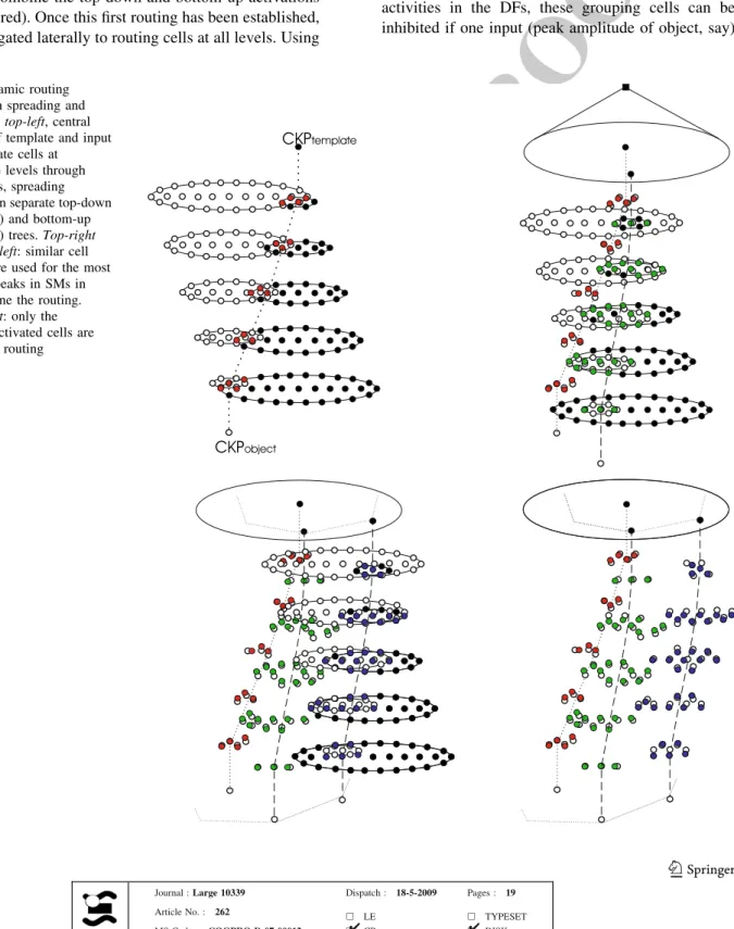 Fig. 3 Dynamic routing scheme with spreading and grouping: at top-left, central keypoints of template and input object excitate cells at intermediate levels through axonic fields, spreading activations in separate top-down (solid circle) and bottom-up (ope