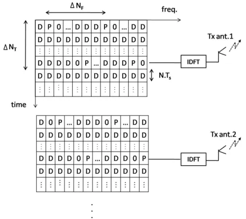 Figura 3.6 - Estrutura da trama para o emissor OFDM com símbolos piloto multiplexados com  dados ( P - símbolos piloto, D - símbolos de dados, Ts - duração de símbolo)