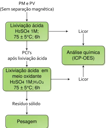 Figura 25. Procedimento de lixiviação ácida em meio oxidante das amostras da  Rota I (PM e PV)