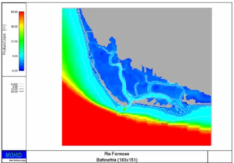Figure 3: Ria Formosa bathymetry. Refined grid with 183 x 151 cells and  variable spatial step between 50 and 521,7 meters