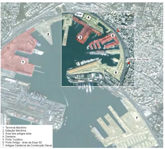 Figura 2. Porto histórico de Gênova. Em destaque, área onde se concentram os principais projetos de  revitalização já executados ou em andamento (sem escala)