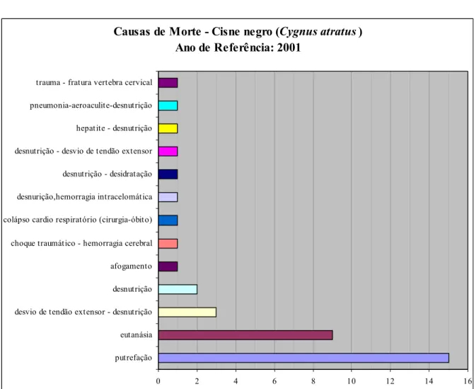 Gráfico 1 - Causas de óbito na população de Cisnes Negros (Cygnus atratus) da FPZSP no ano de  2001 - São Paulo - 2007 