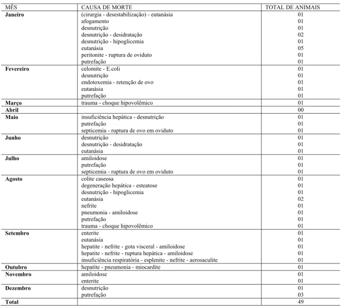 Tabela 2 -  Causas de óbito na população de Cisnes Negros (Cygnus atratus) da FPZSP no ano de 2002  - São Paulo - 2007 