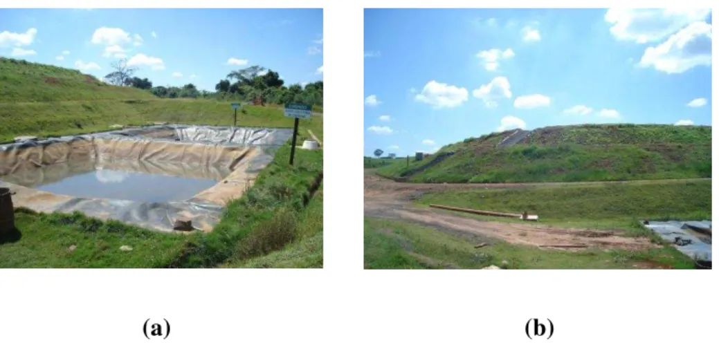 Figura 4.16: Coleta do lixiviado no aterro sanitário de Catanduva (a) Lagoa de contenção que recebe o  lixiviado gerado no aterro