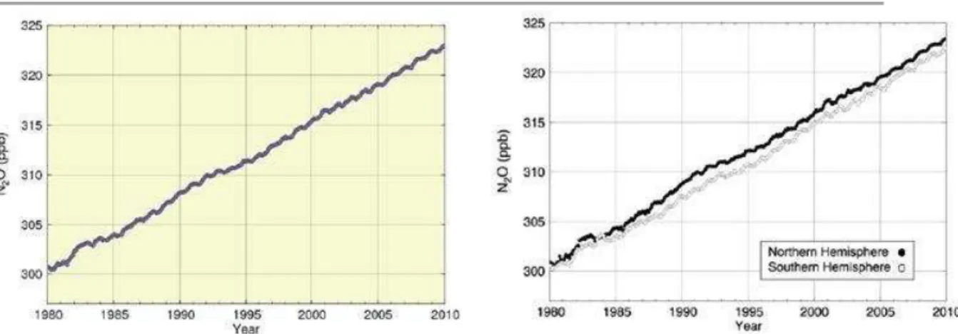 Figura  9:  Evolução das concentrações  atmosféricas mundiais de N 2 O nos últimos 30   anos (Fonte: WMO, 2010)