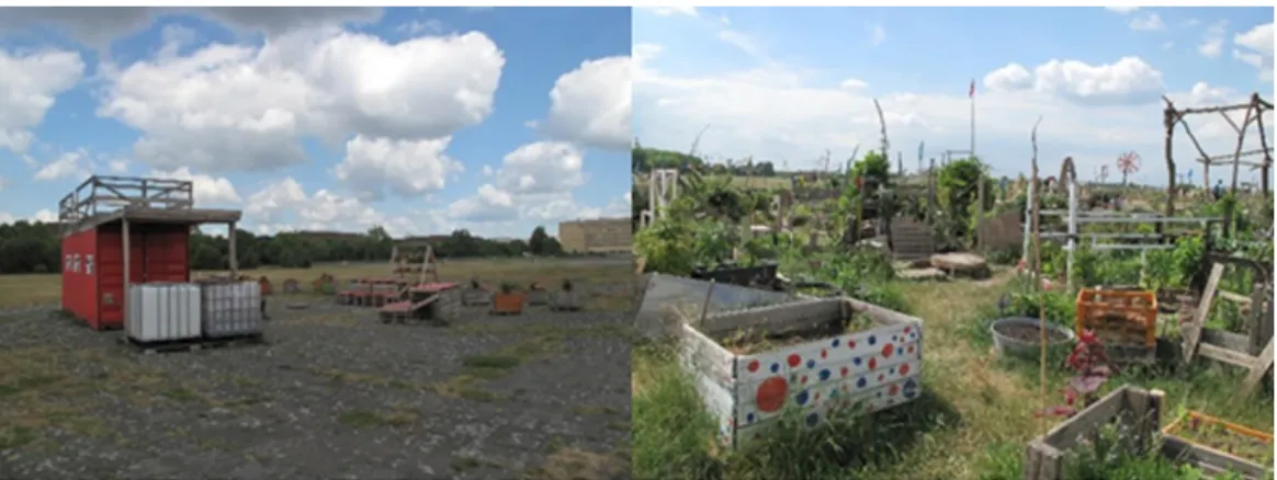 Figure 2. Low-budget solutions for public bar/cafe and community garden at the Tempelhofer Feld  (K