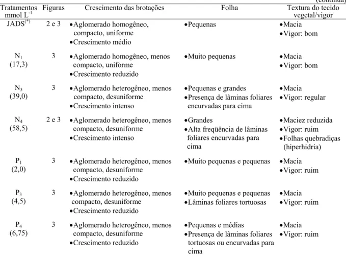 Tabela 12  – Características dos explantes observadas visualmente relativas ao crescimento, textura e vigor das  brotações de Eucalyptys grandis cultivadas in vitro em diferentes concentrações de macronutrientes  aos 21 dias de cultivo 
