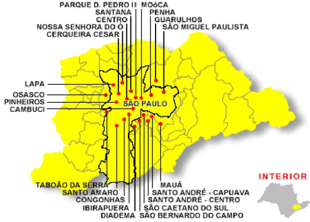 Figura 3. Localização das estações de monitoramento automático da CETESB na Região  Metropolitana de São Paulo