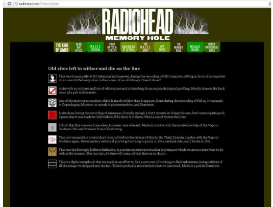 Figura 5 - Buraco da Memória - Atual site do Radiohead Buraco da Memória com estética que  acompanha o último disco lançado: King of Limbs