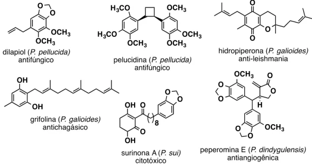 Figura  6. Exemplos  de  metabólitos  secundários  isolados  de  espécies  de  Peperomia  e  suas  atividades  biológicas (Li et al., 2008)