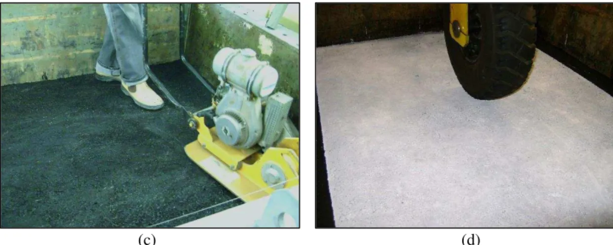 Figure 4.11. Asphalt concrete layer construction: (a) transportation to the testing box; (b) leveling; (c)  compaction; (d) surface aspect with white painting