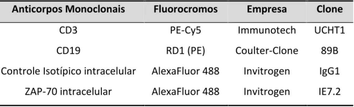 Tabela 7 - Descrição dos anticorpos monoclonais para detecção de ZAP-70.