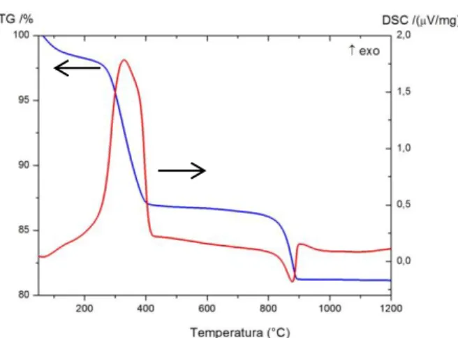Figura 1: Curvas de TG e DSC da Cobaltita de Níquel calcinada a 350°C. 