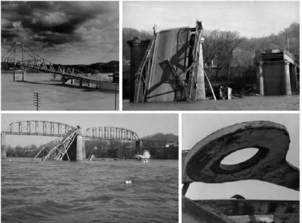 Figura 1.4: Point Pleasant Bridge - Colagem com fotos tiradas antes e após o colapso ocorrido em 15/12/1967