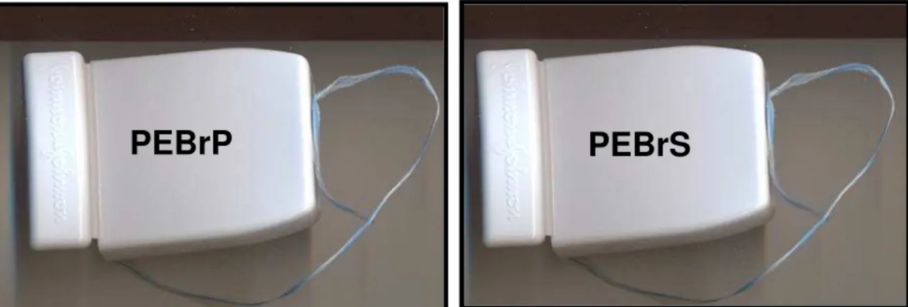 Fig. 3. Embalagens contendo o mesmo fio a ser testado [Polipropileno entrelaçado com  (P) e sem (S) o Princípio ativo, respectivamente]