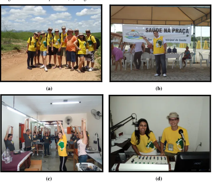Figura 1. a) Equipe dos rondonistas da UNIFAL-MG; b) Feira de Saúde; c) Atividade de  alongamento na confecção têxtil; d) Programa de rádio