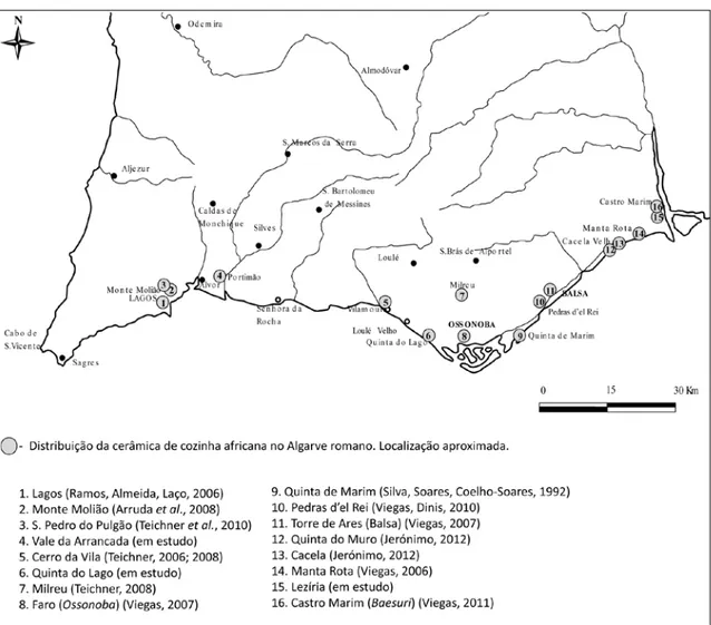 FIGURA 6.  Mapa de distribuição da cerâmica de cozinha africana no Algarve romano. Localização aproximada.