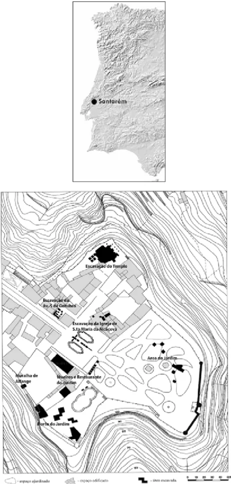FIGURA 1.  Em cima, localização  da cidade de Santarém; em baixo,  mapa da Alcáçova de Santarém