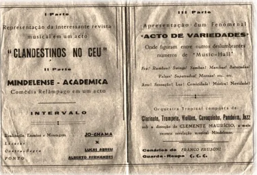 Figura 11: Programa da Revista Clandestinos no Céu, atuação do Conjunto Cénico Castilhano, apresentada nos  dias 2, 3 e 5 de outubro de 1948, nas instalações do Grémio Sportivo Castilho