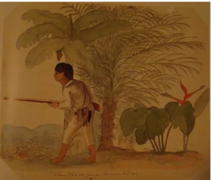 Figura 9. Estudo de um índio pronto para disparar com espingarda, voltado para a esquerda, embaixo de um grupo de  árvores