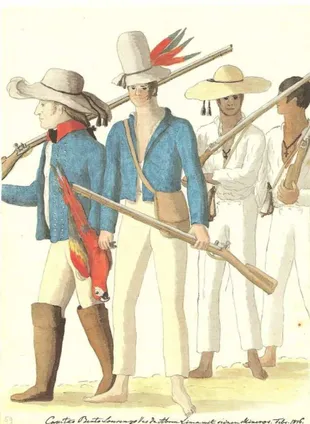 Figura 12. Bento Lourenço com três  acompanhantes, espingardas e um papagaio como presa de caça
