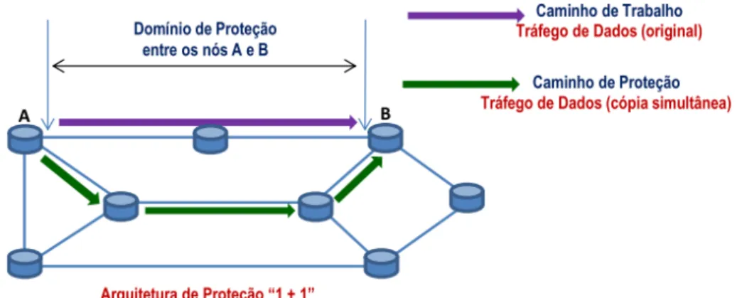 Figura 14 - Exemplo de  Proteção Linear “1 + 1” em uma rede em Malha Fonte: adaptação da RFC-6372 (SPRECHER; FARREL, 2011) 