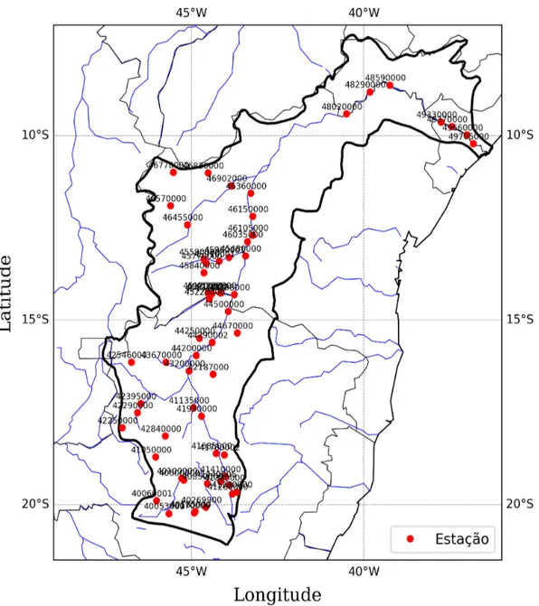 Figura 4.3 – Localização das estações de medição das séries de vazão na bacia do rio São Francisco.